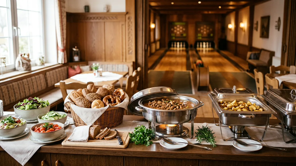 Gedecktes Buffet mit Speisen in einem Gaststättenraum mit Kegelbahn im Hintergrund
