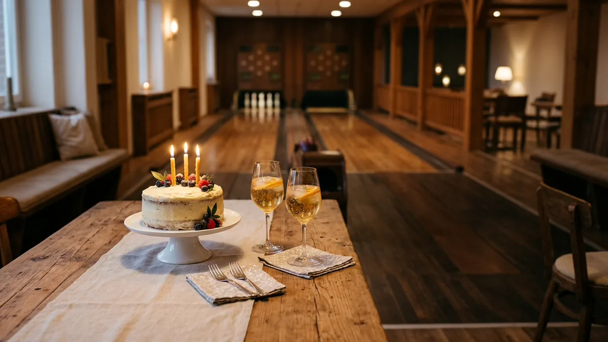 Bowlingbahn mit gedecktem Tisch für eine Geburtstagsfeier am Abend