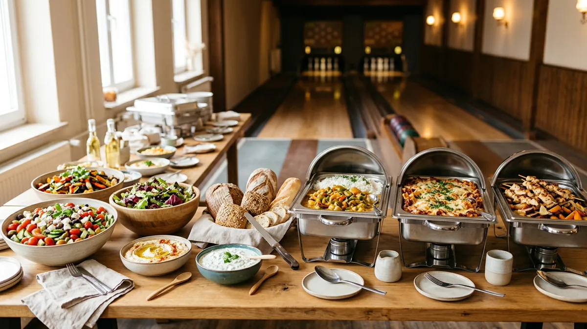 Buffet mit Salaten, Dips, Brot und warmen Speisen auf langem Tisch in einer Gaststätte