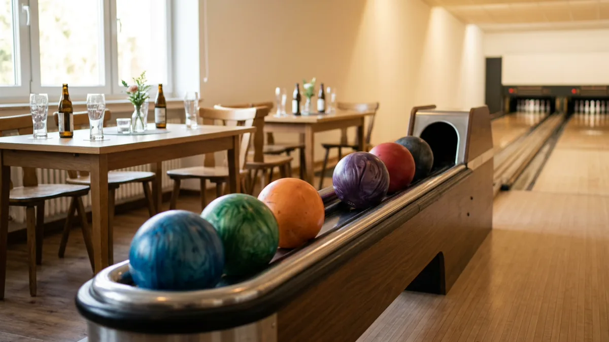 Bowlingbahn mit Kugeln und Tischen für eine Gruppe im Hintergrund
