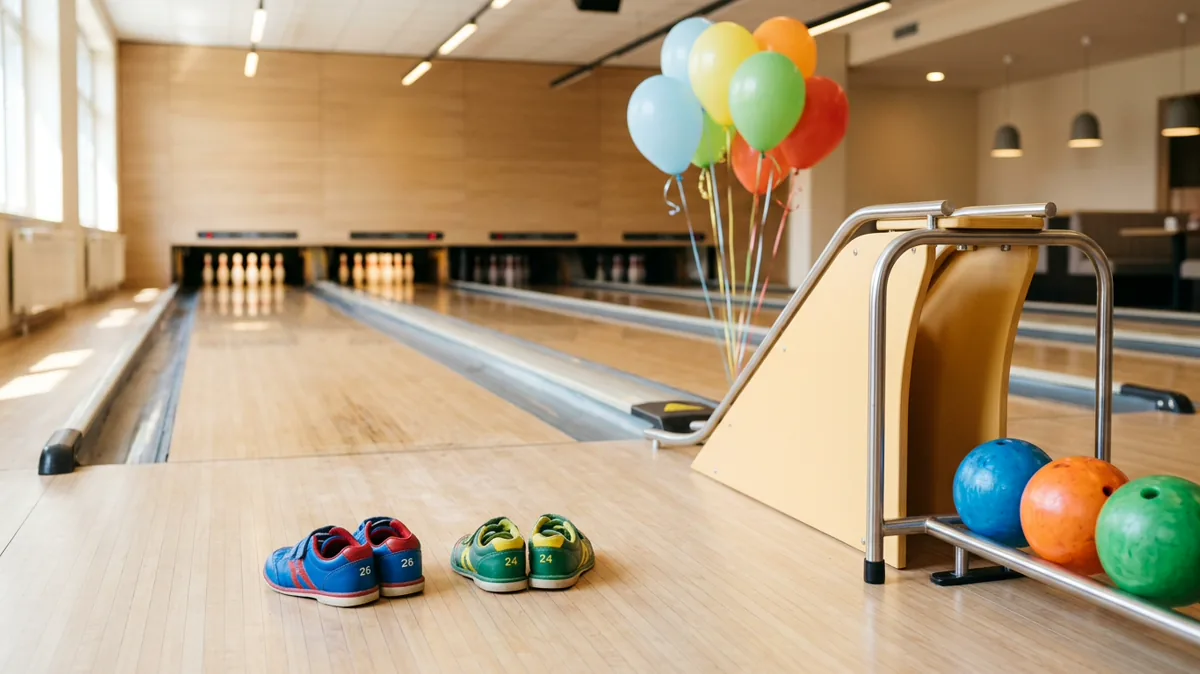Bowlingbahn mit Ballrampe und bunten Luftballons für einen Kindergeburtstag