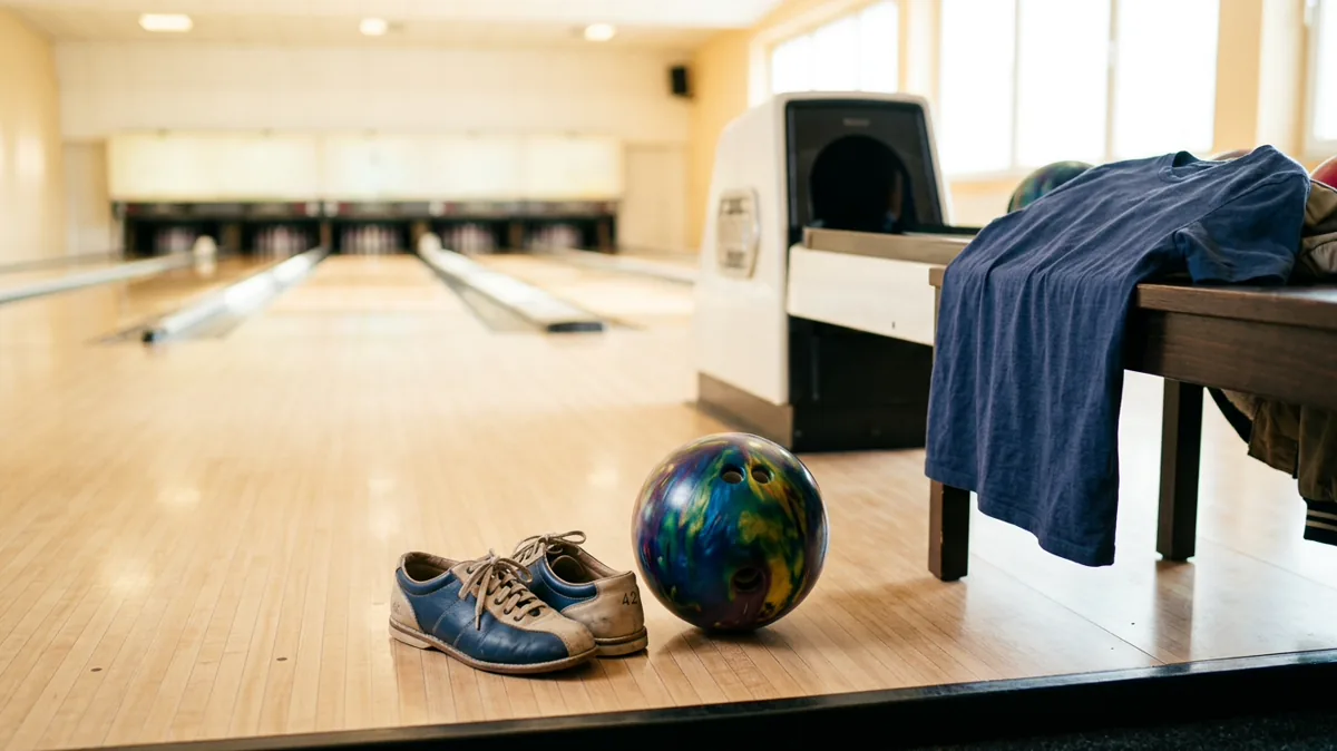 Bowlingschuhe und bunte Kugel auf der Anlaufbahn einer Bowlingbahn